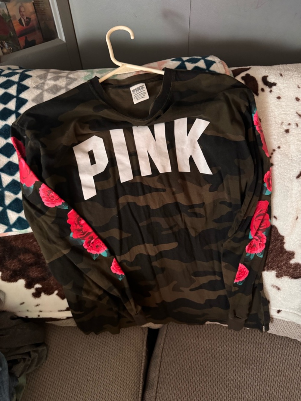 PINK Victoria's Secret Olive Camo Long Sleeve Top with Pink Rose Sleeves